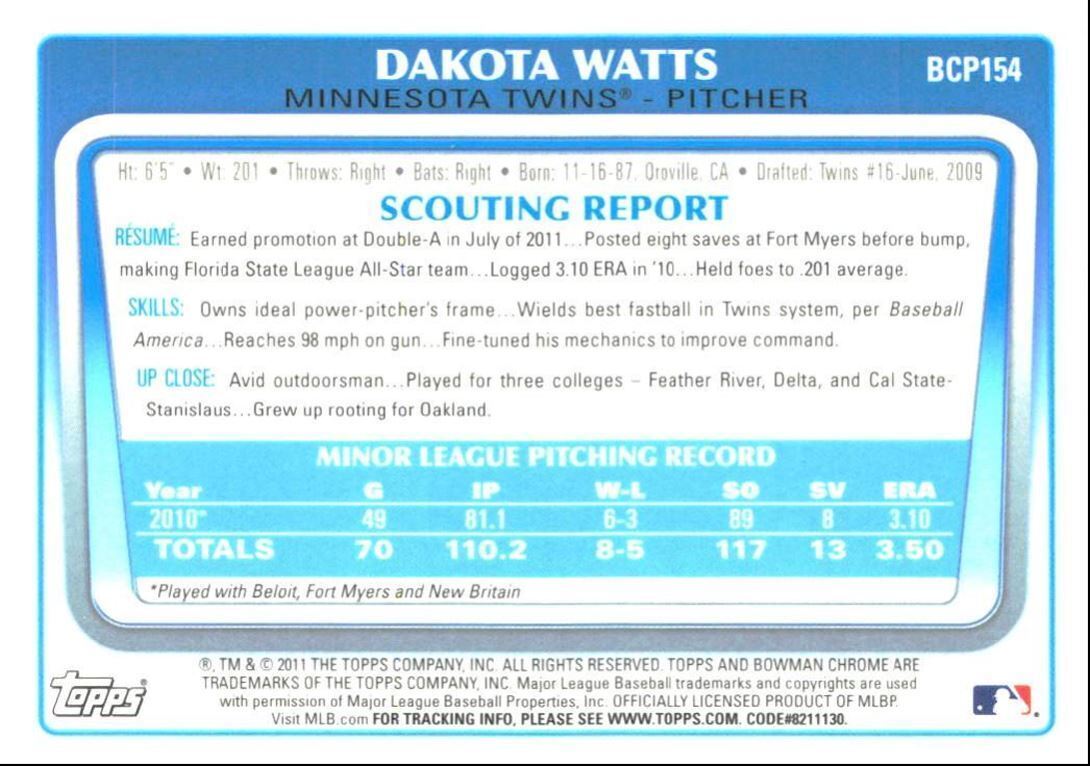 2011 Bowman Chrome Prospects Dakota Watts 1st Minnesota Twins #BCP154
