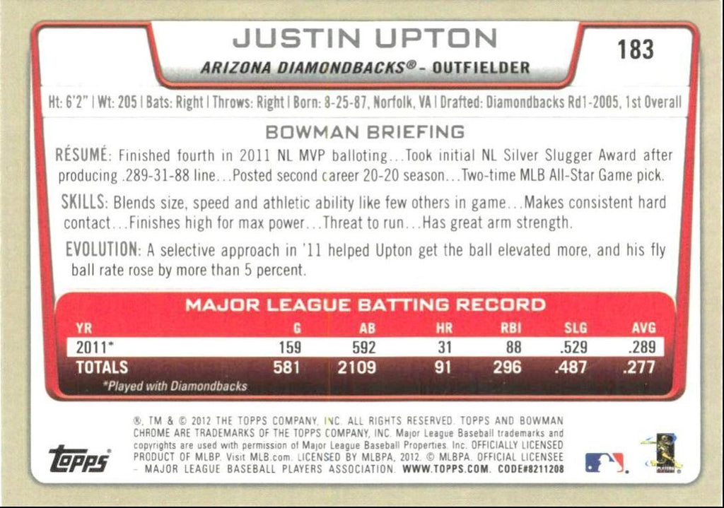 2012 Bowman Chrome Justin Upton Arizona Diamondbacks #183