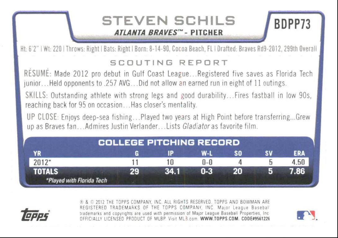 2012 Bowman Draft Picks & Prospects Steven Schils Atlanta Braves #BDPP73
