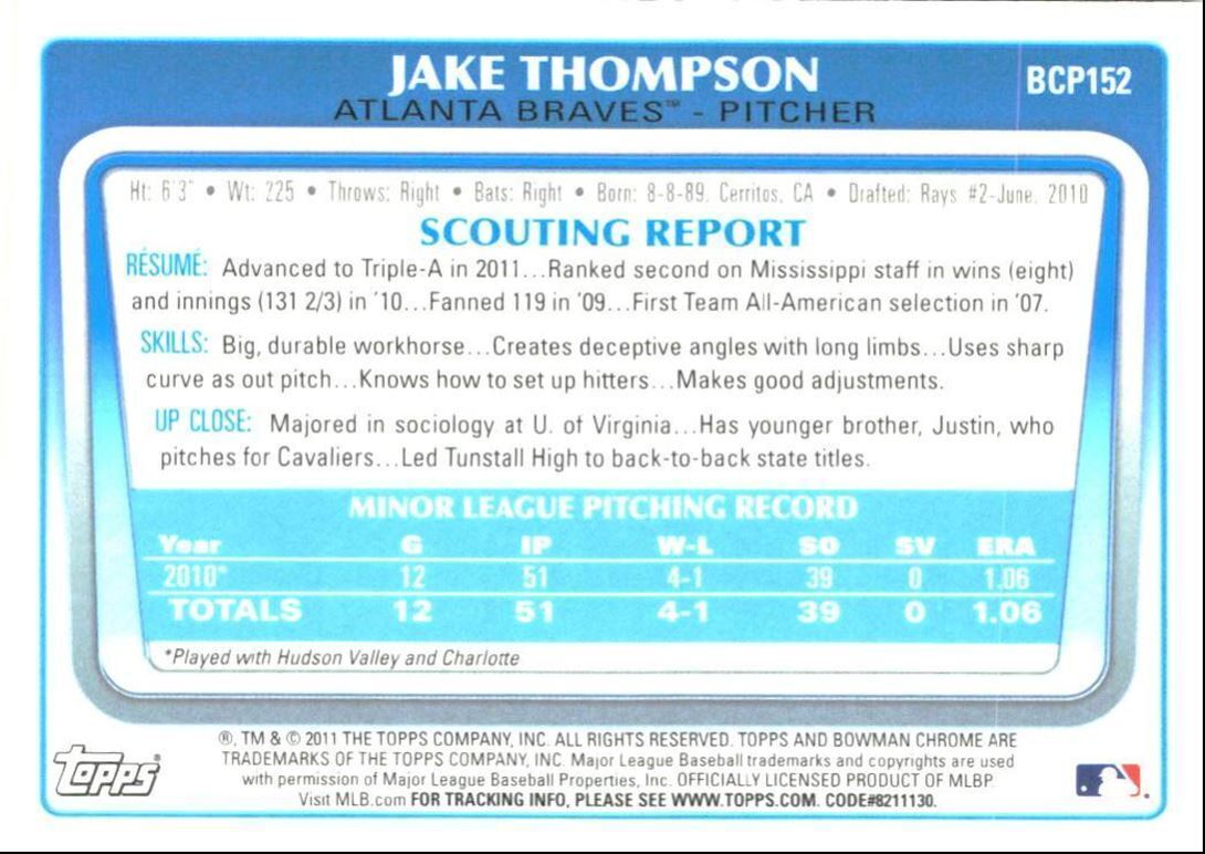 2011 Bowman Chrome Prospects Jake Thompson .. Atlanta Braves #BCP152