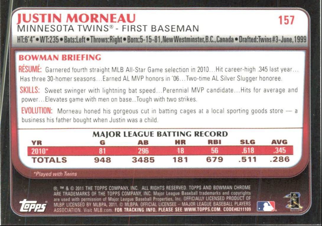 2011 Bowman Chrome Baseball Card Justin Morneau Minnesota Twins #157