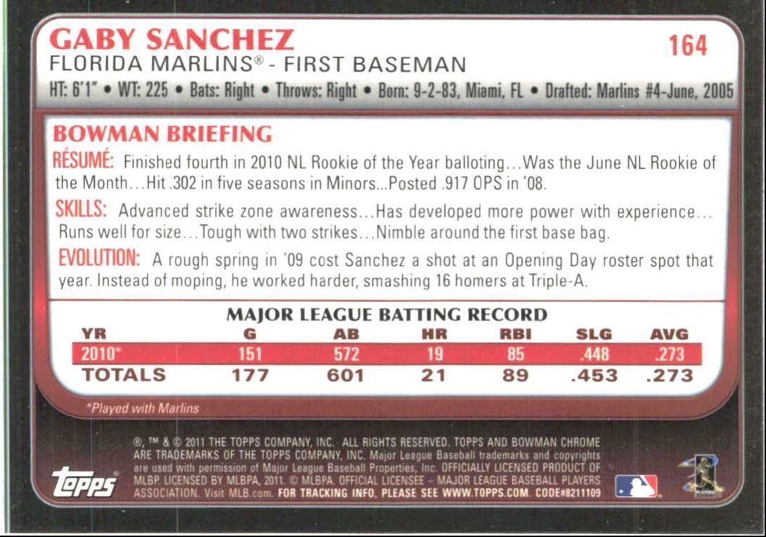 2011 Bowman Chrome Baseball Card Gaby Sanchez Florida Marlins #164