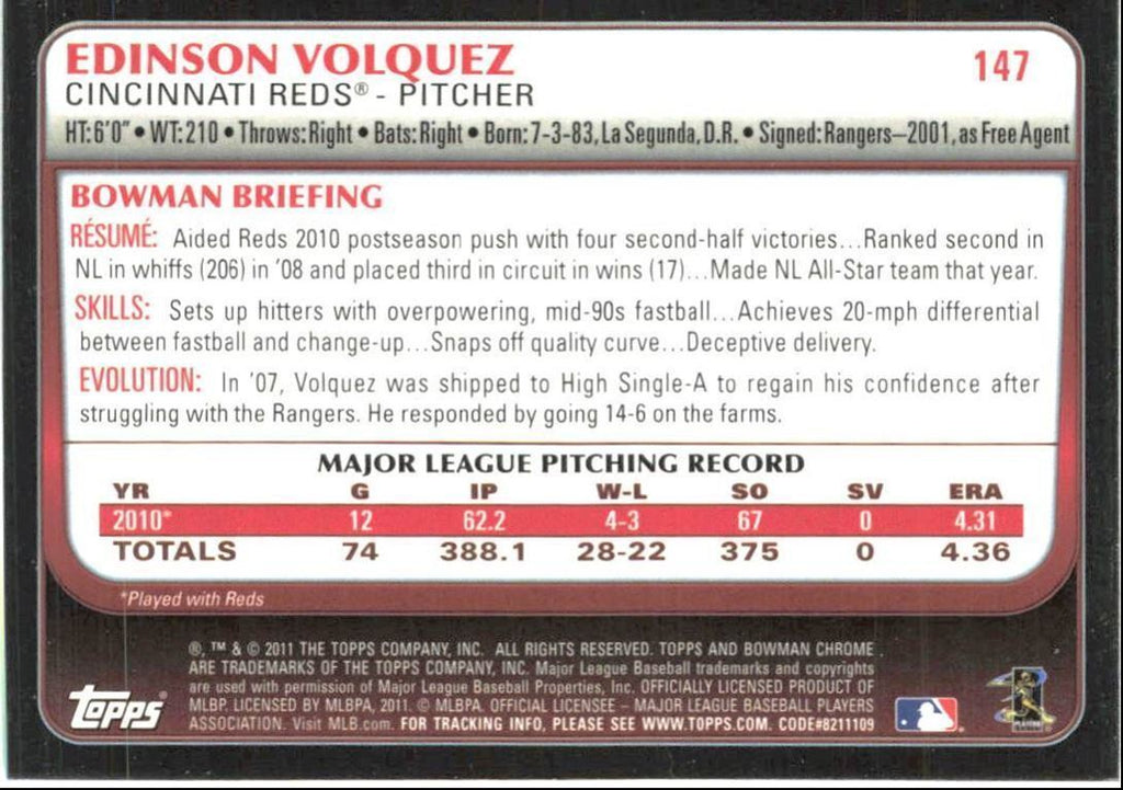 2011 Bowman Chrome Baseball Card Edinson Volquez Cincinnati Reds #147