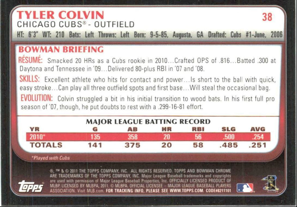 2011 Bowman Chrome Baseball Card Tyler Colvin Chicago Cubs #38