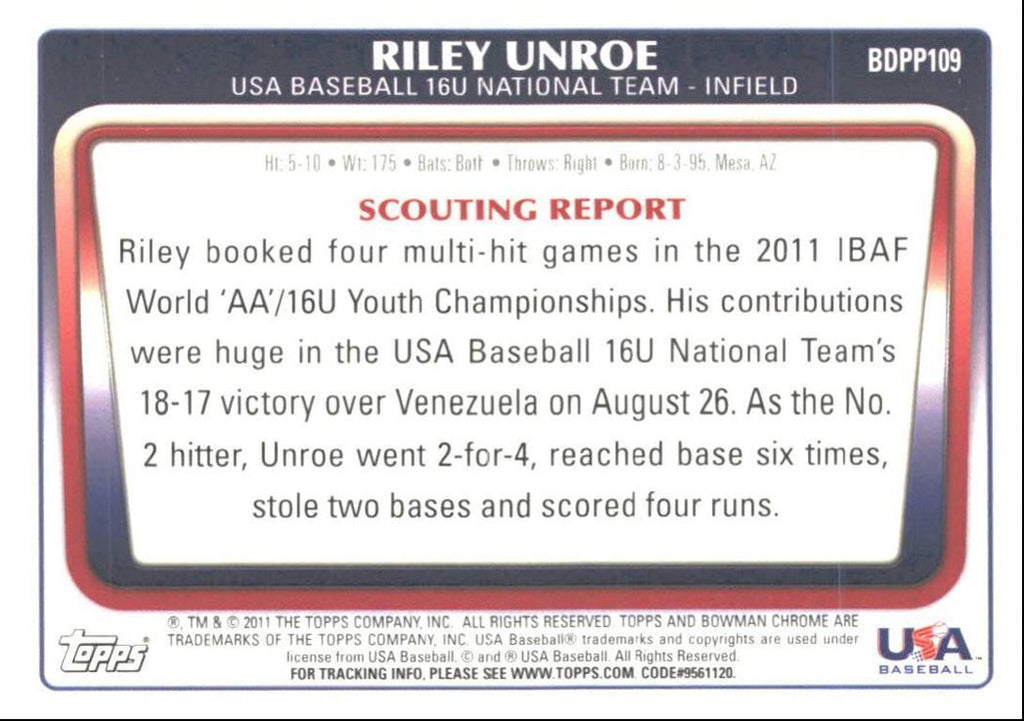 2011 Bowman Draft Picks & Prospects Chrome 16U USA National Team Riley Unroe USA