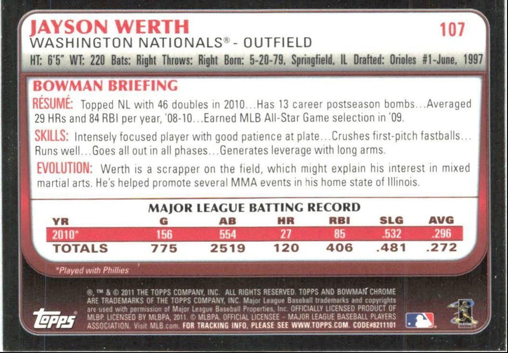 2011 Bowman Chrome Baseball Card Jayson Werth Washington Nationals #107