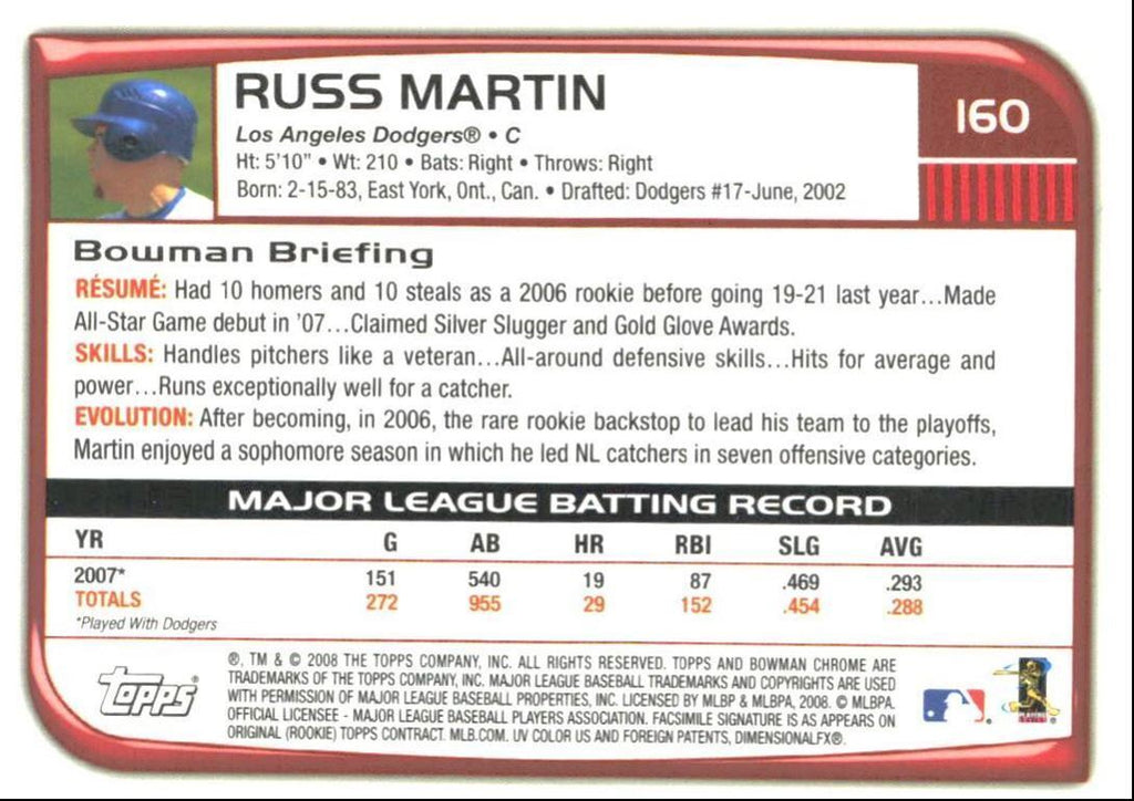 2008 Bowman Chrome Russell Martin a Los Angeles Dodgers #160
