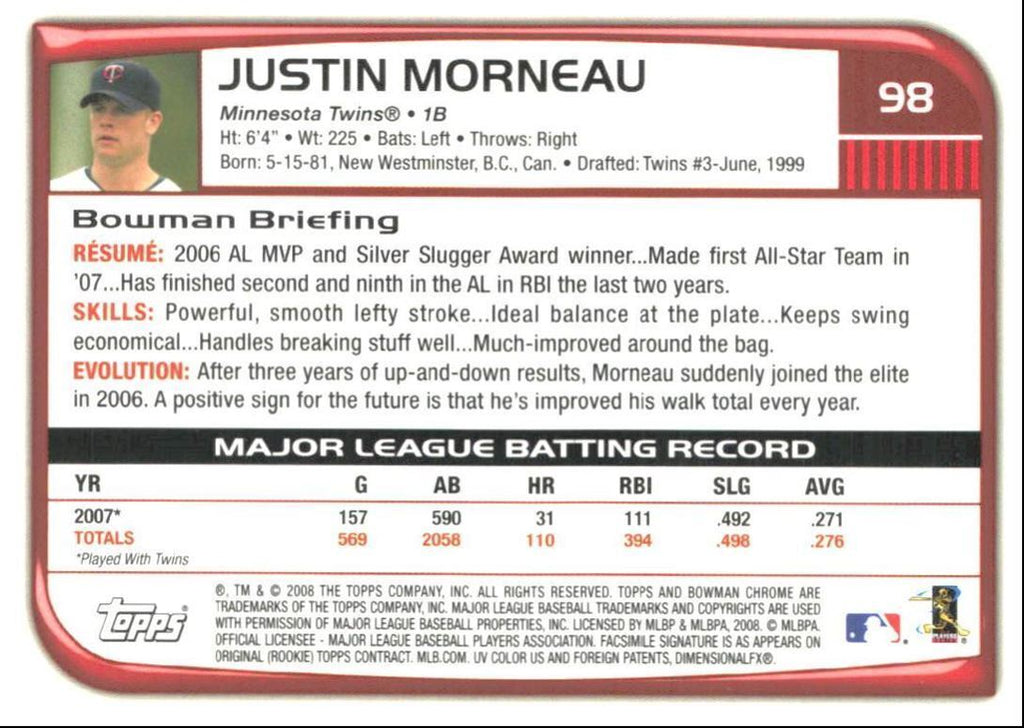 2008 Bowman Chrome Justin Morneau a Minnesota Twins #98