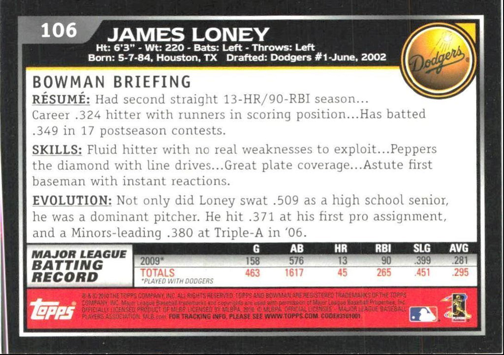 2010 Bowman James Loney Los Angeles Dodgers #106
