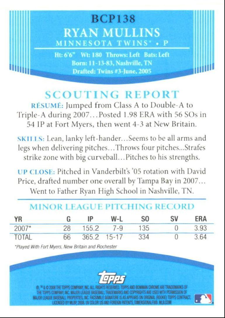 2008 Bowman Chrome Prospects Ryan Mullins a Minnesota Twins #BCP138