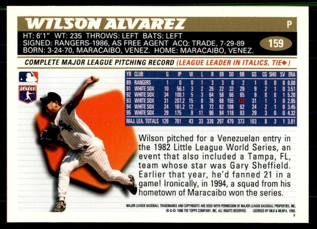 1996 Topps Wilson Alvarez Baseball Cards #159