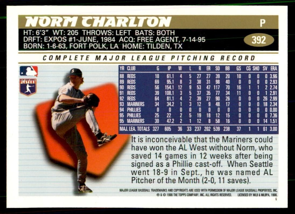 1996 Topps Norm Charlton Baseball Cards #392