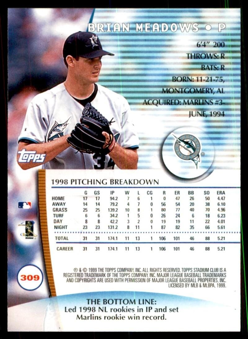 1999 Stadium Club Brian Meadows Baseball Cards #309