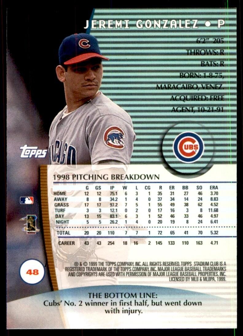 1999 Stadium Club Jeremi Gonzalez Baseball Cards #48