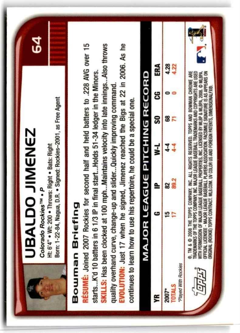 2008 Bowman Chrome Ubaldo Jimenez . Colorado Rockies #64