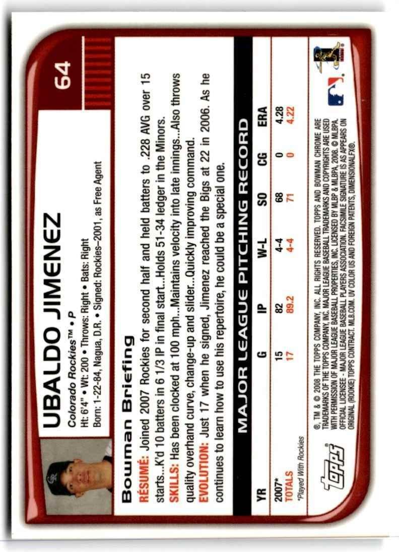 2008 Bowman Chrome Ubaldo Jimenez Colorado Rockies #64