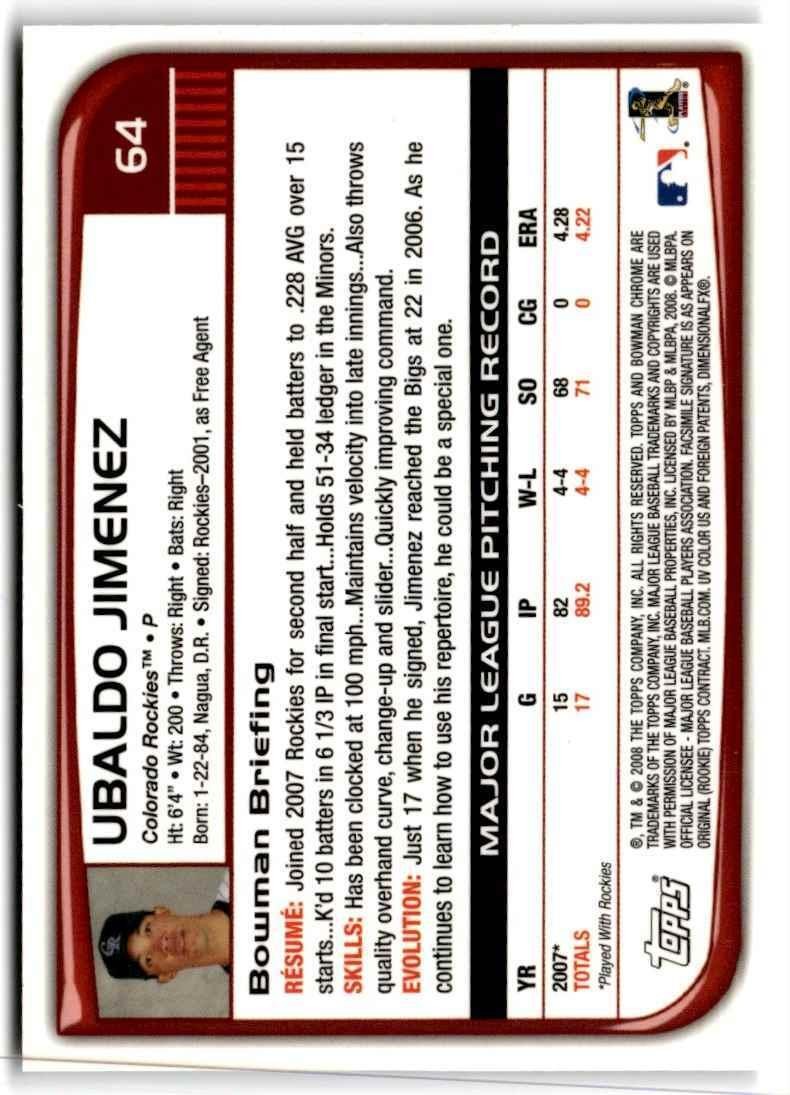 2008 Bowman Chrome Ubaldo Jimenez c Colorado Rockies #64