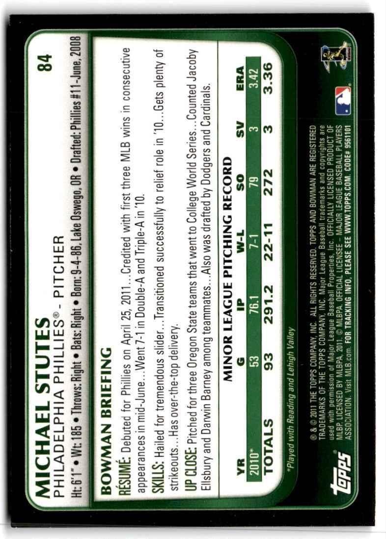 2011 Bowman Michael Stutes Rookie . Philadelphia Phillies #84