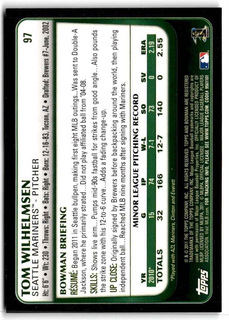 2011 Bowman Tom Wilhelmsen Seattle Mariners #97