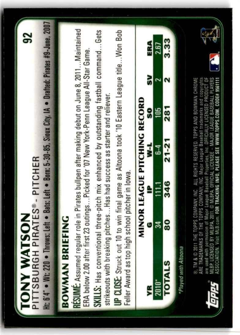 2011 Bowman Chrome Tony Watson Rookie , Pittsburgh Pirates #92