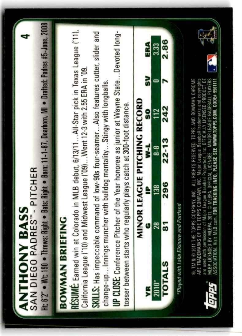 2011 Bowman Chrome Anthony Bass Rookie San Diego Padres #4