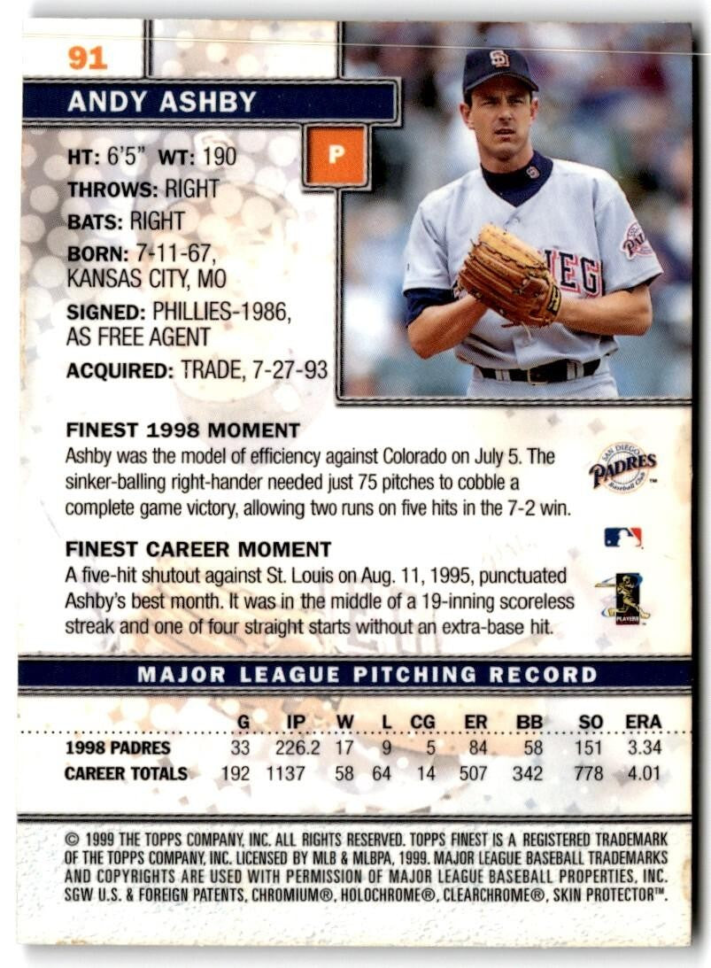 1999 Finest w/ Coating Andy Ashby San Diego Padres #91