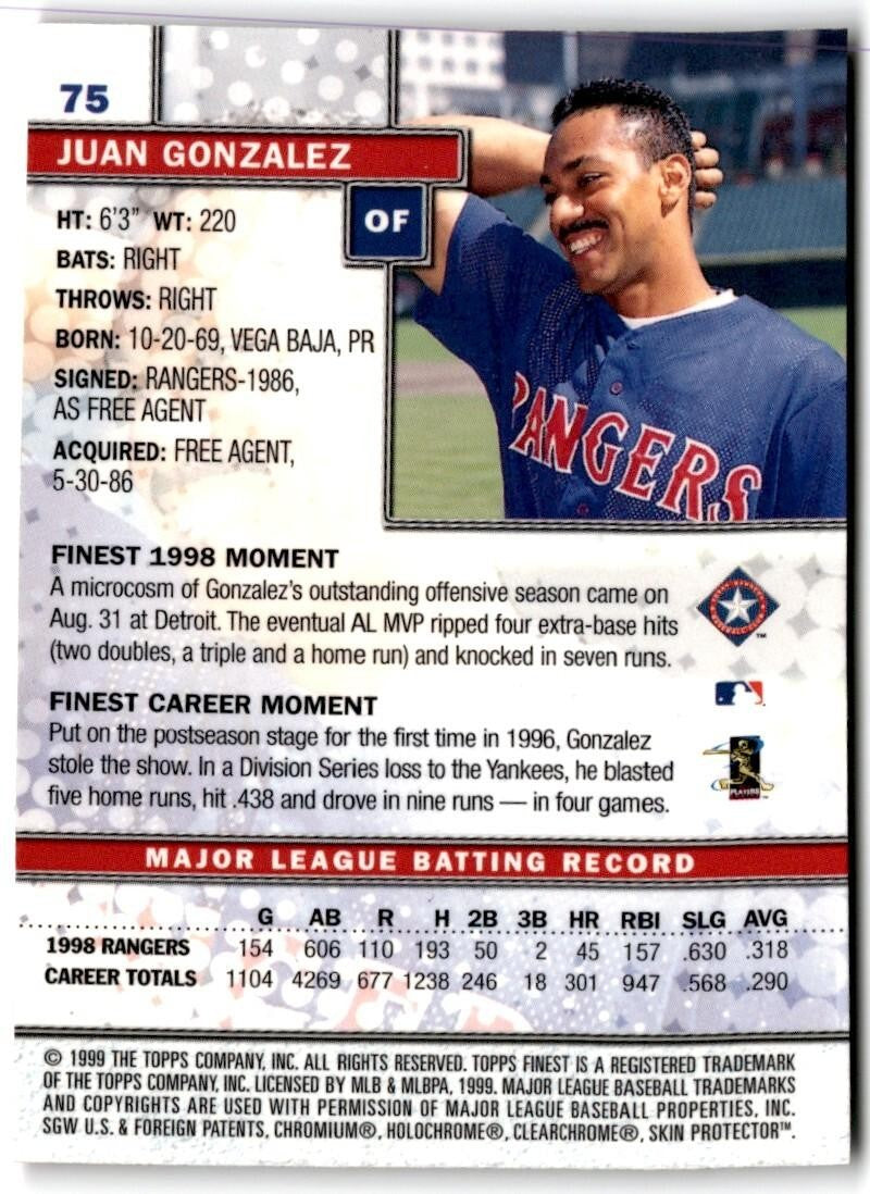 1999 Finest w/ Coating Juan Gonzalez c Texas Rangers #75