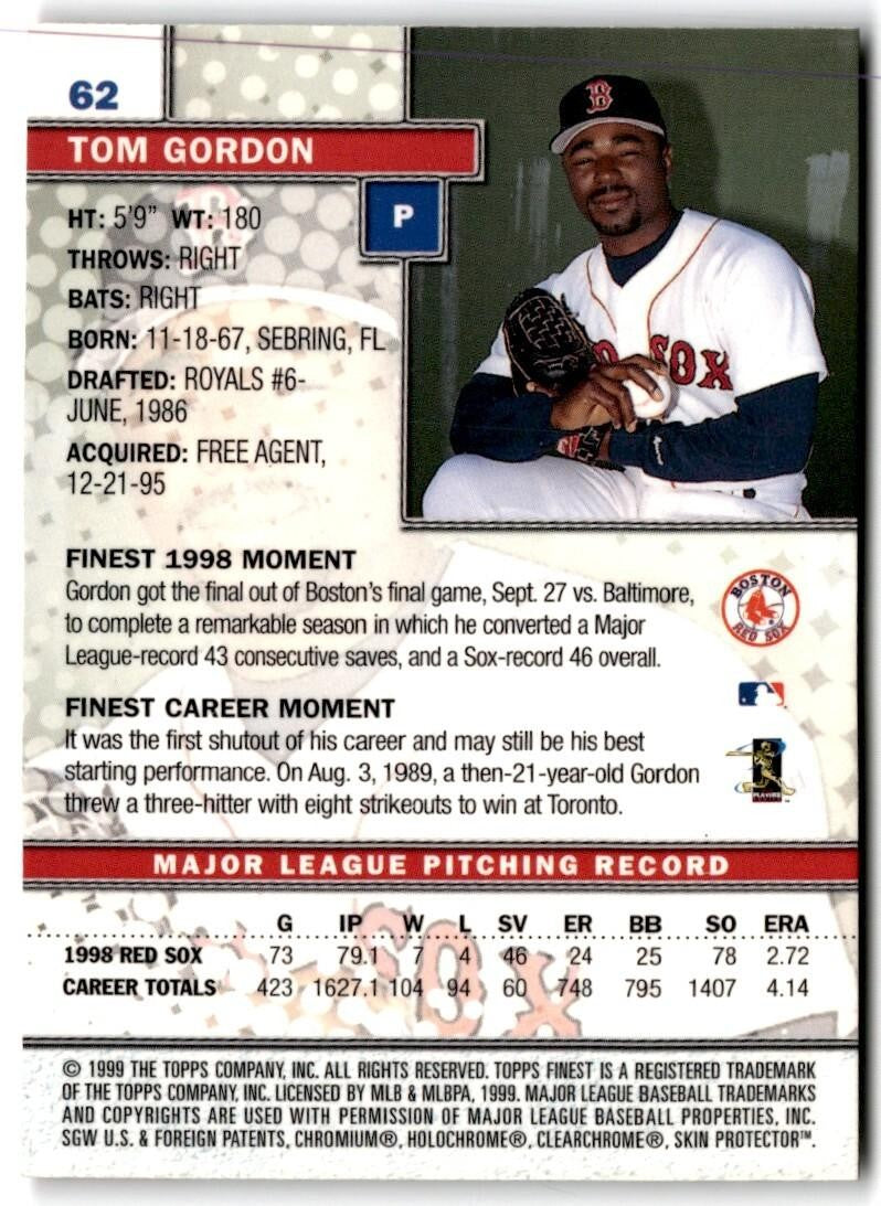 1999 Finest w/ Coating Tom Gordon p Boston Red Sox #62