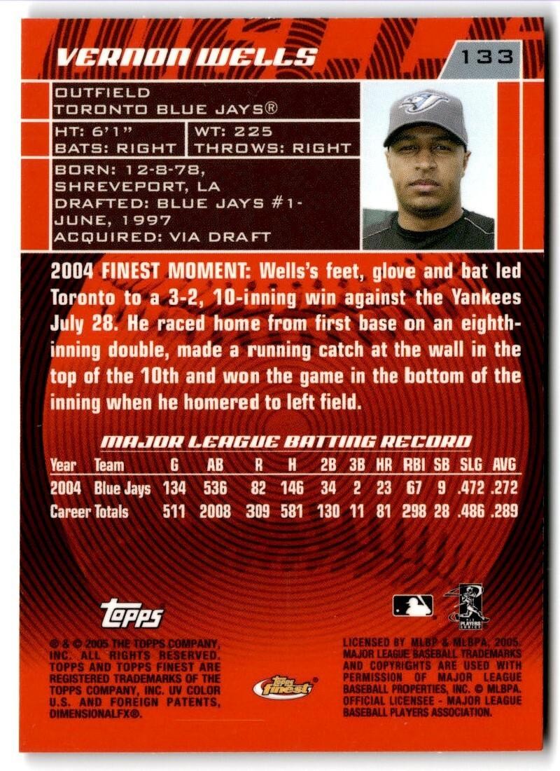 2008 Finest Vernon Wells / Toronto Blue Jays #133