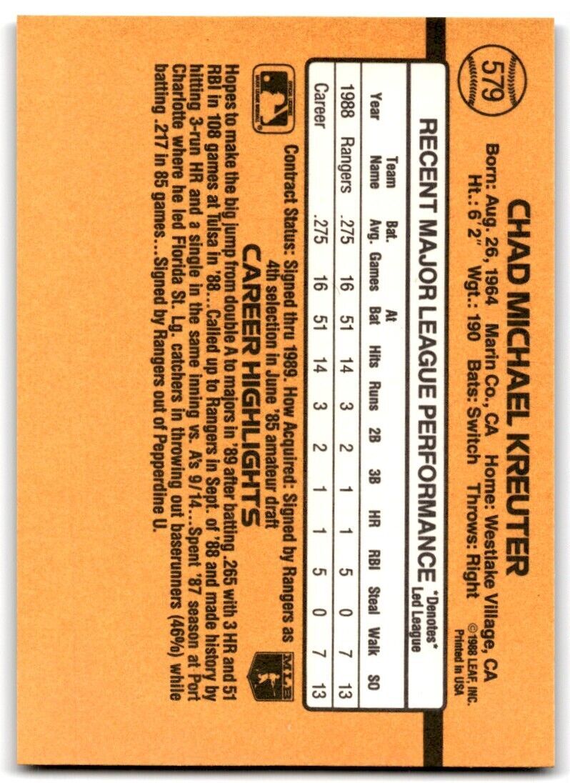 1989 Donruss Chad Kreuter Rookie Texas Rangers #579
