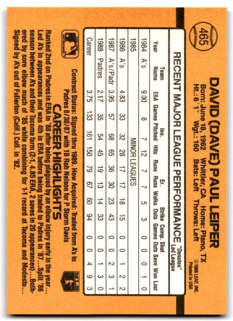1989 Donruss Dave Leiper San Diego Padres #465