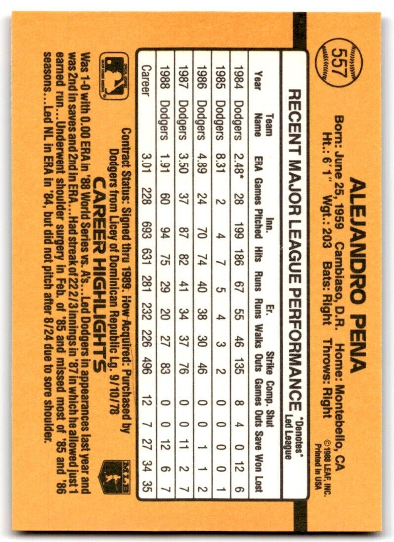 1989 Donruss Alejandro Pena Los Angeles Dodgers #557