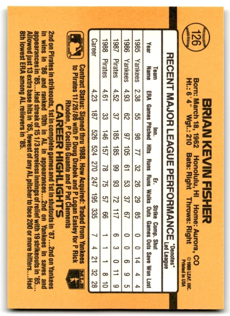 1989 Donruss Brian Fisher Pittsburgh Pirates #126