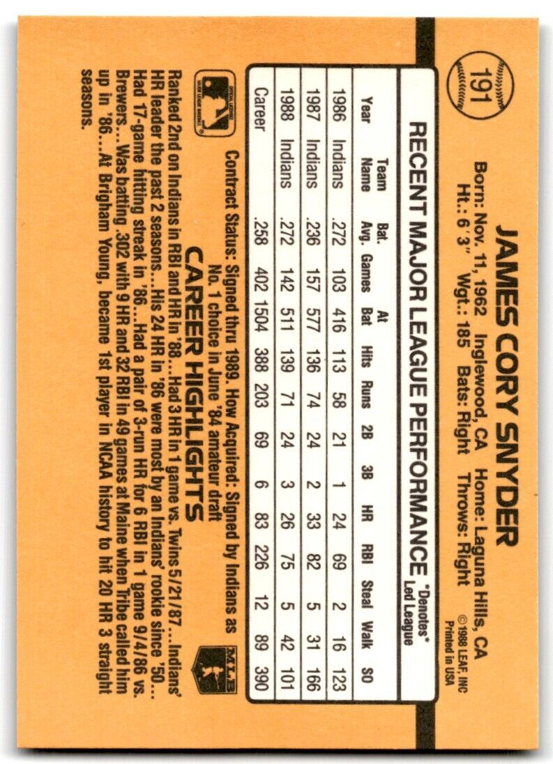 1989 Donruss Cory Snyder Cleveland Indians #191