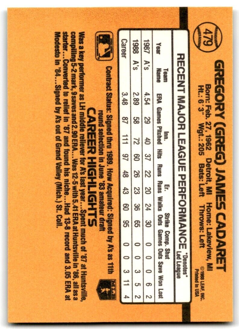 1989 Donruss Greg Cadaret Oakland Athletics #479