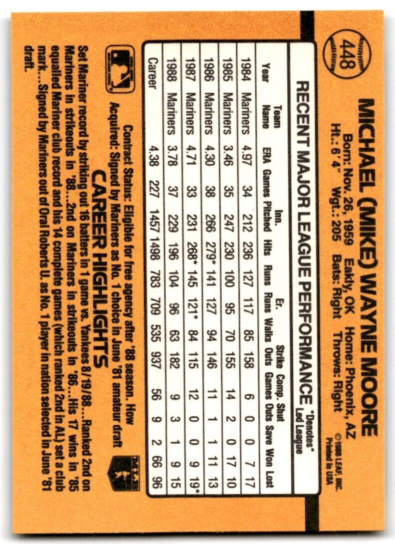 1989 Donruss Mike Moore P Seattle Mariners #448