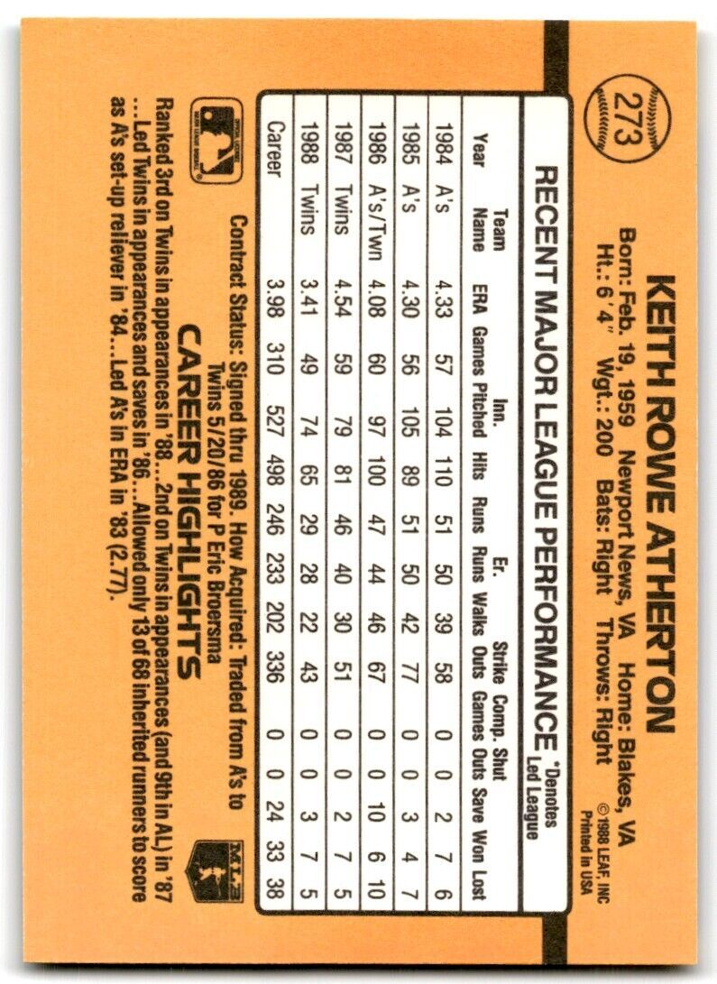 1989 Donruss Keith Atherton Minnesota Twins #273