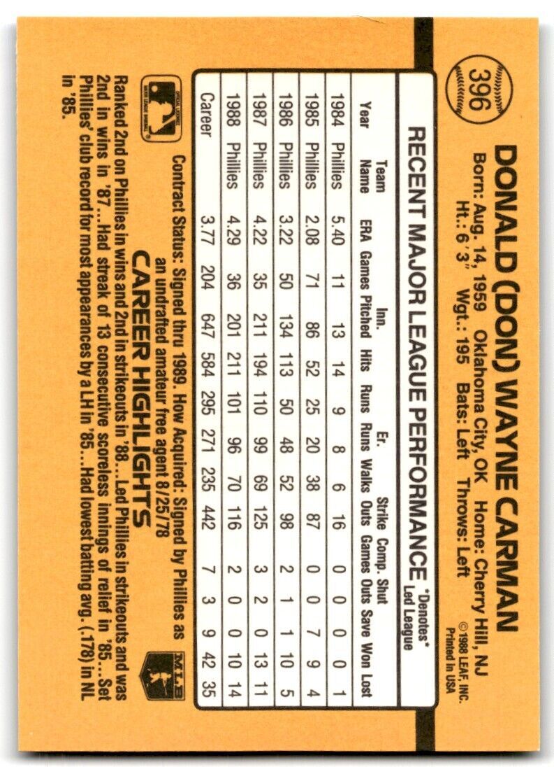 1989 Donruss Don Carman p Philadelphia Phillies #396