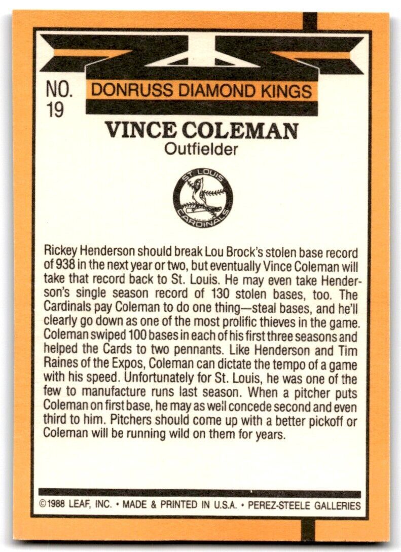 1989 Donruss Vince Coleman OF St. Louis Cardinals #19