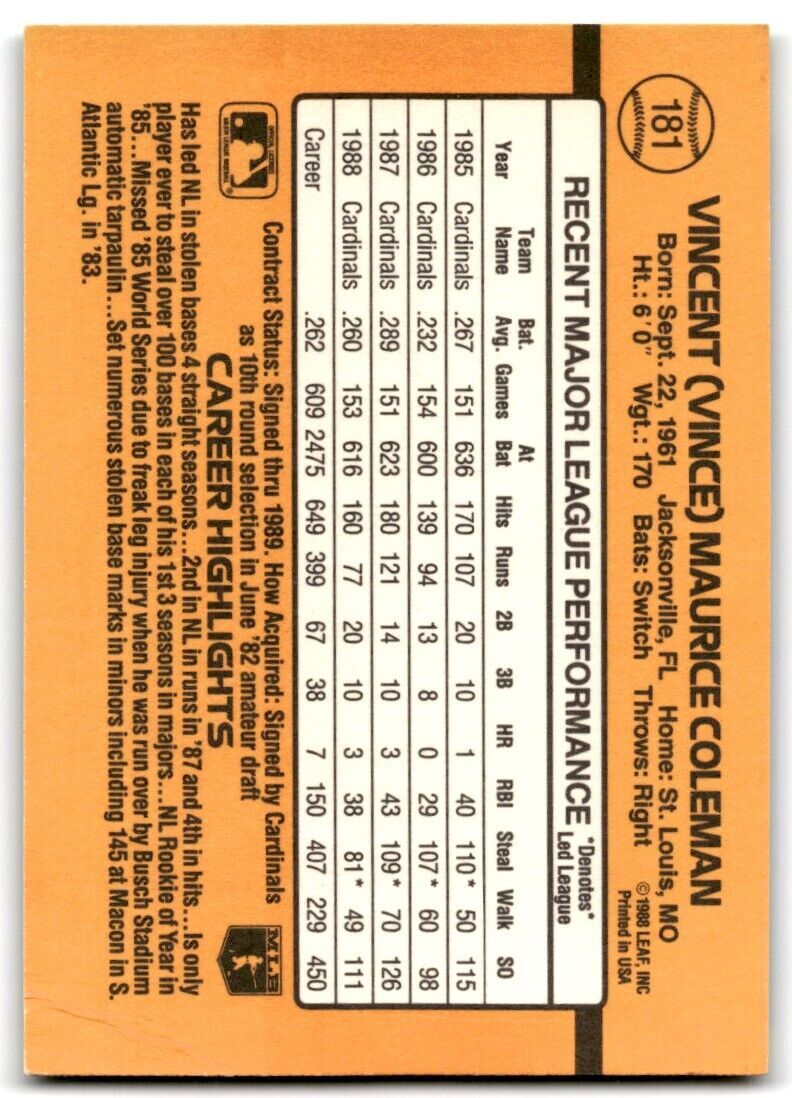 1989 Donruss Vince Coleman a St. Louis Cardinals #181