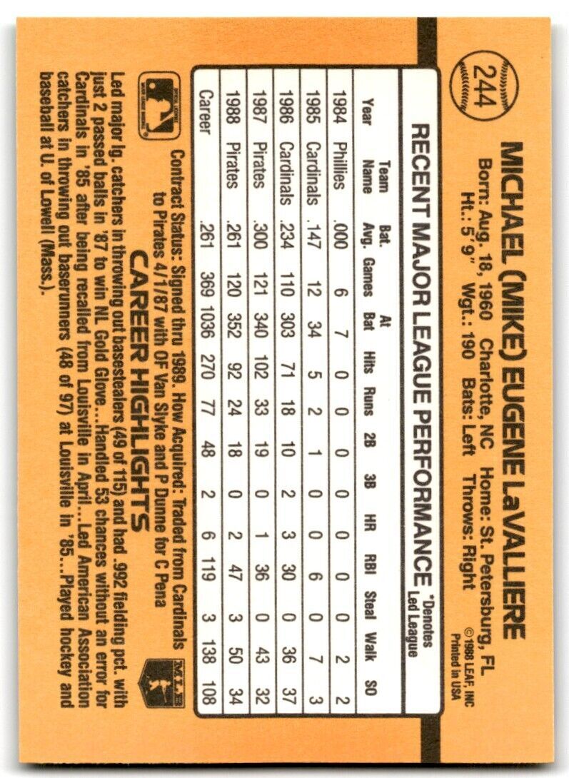 1989 Donruss Mike LaValliere Pittsburgh Pirates #244