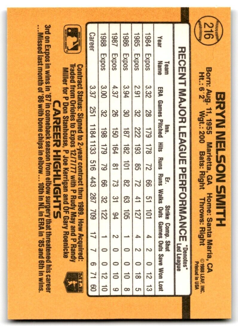 1989 Donruss Bryn Smith . Montreal Expos #216