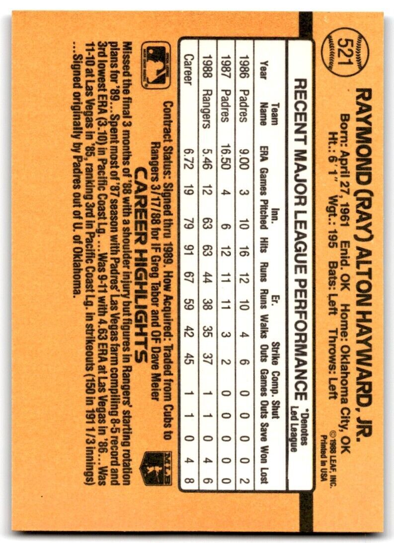 1989 Donruss Ray Hayward . Texas Rangers #521