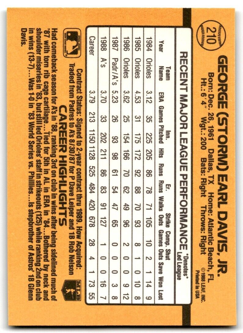 1989 Donruss Storm Davis . Oakland Athletics #210