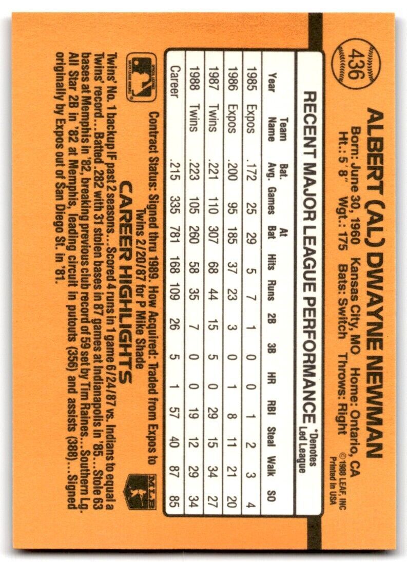 1989 Donruss Al Newman . Minnesota Twins #436