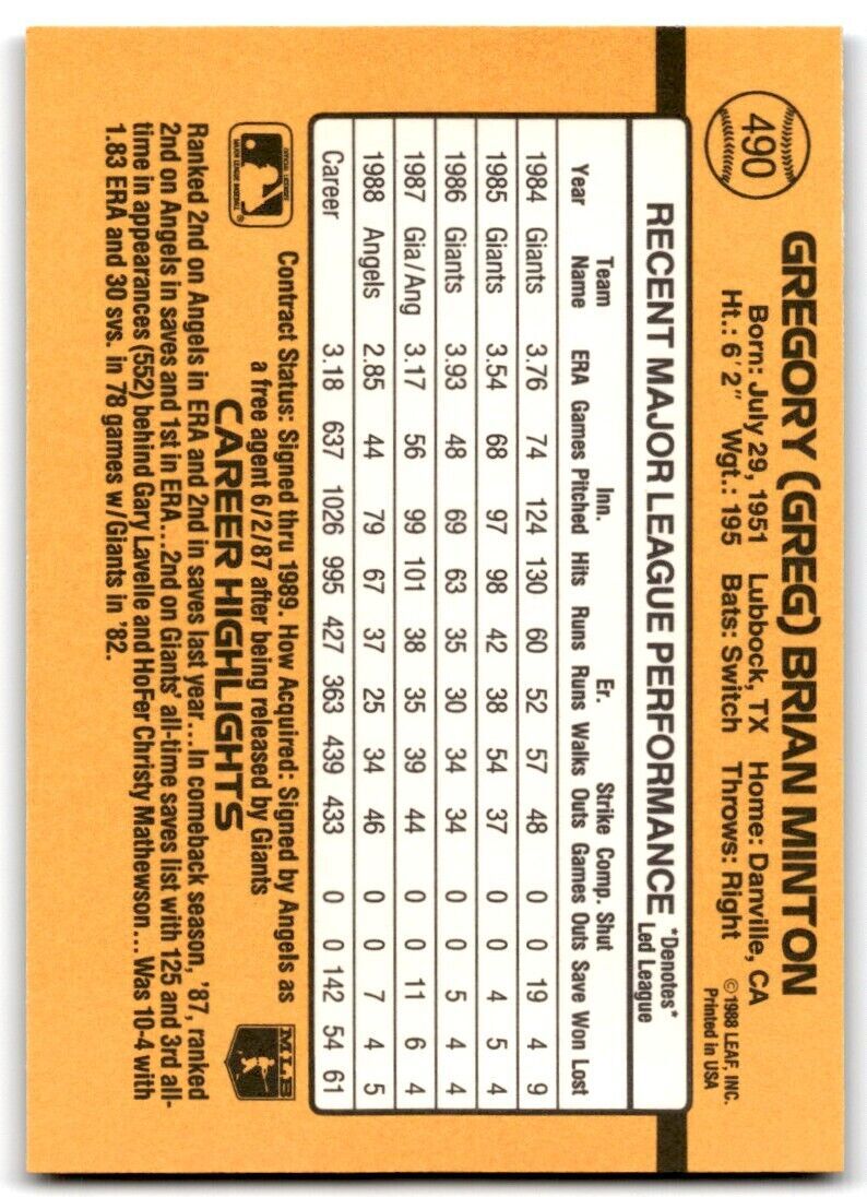 1989 Donruss Greg Minton b California Angels #490