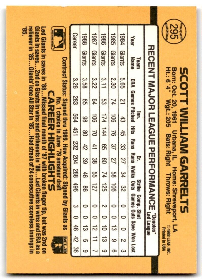1989 Donruss Scott Garrelts b San Francisco Giants #295
