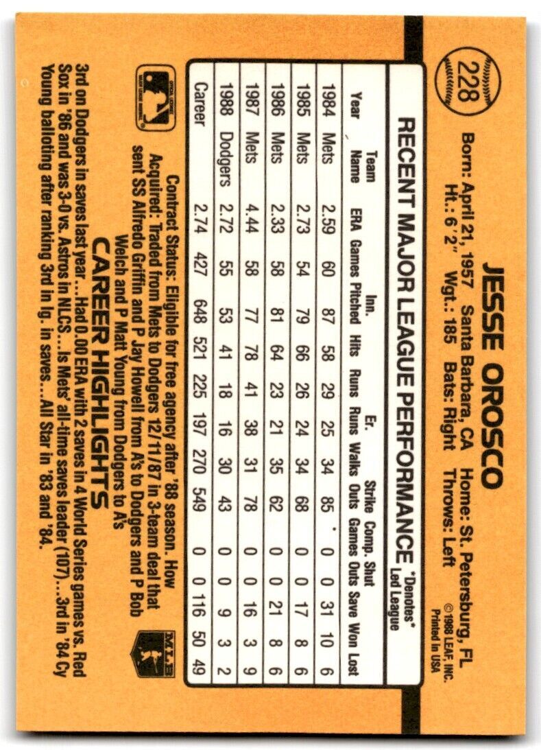 1989 Donruss Jesse Orosco b Los Angeles Dodgers #228