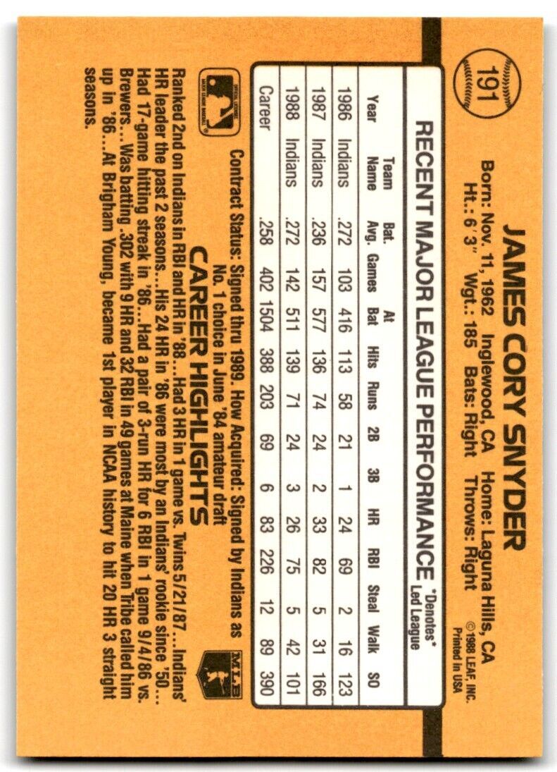 1989 Donruss Cory Snyder . Cleveland Indians #191