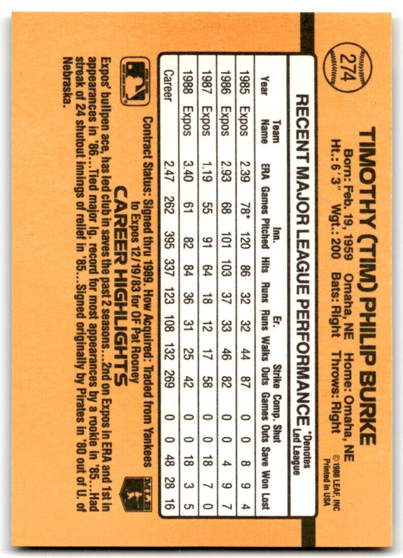 1989 Donruss Tim Burke . Montreal Expos #274